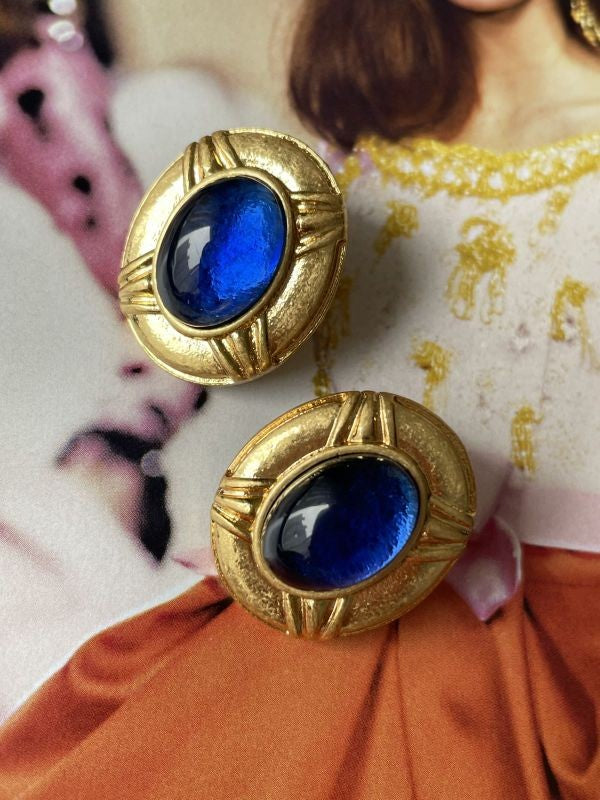 Bourbone Gold & Blue Glass Renaissance Inspired Earrings | Sifides Jewelry