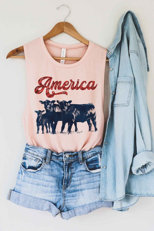 America Cattle Graphic Muscle Tank Tee Shirt | Alphia