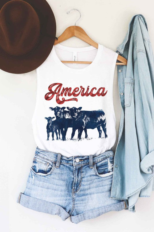 America Cattle Graphic Muscle Tank Tee Shirt | Alphia