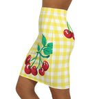 Women's 1990s Fitted Mini Skirt in Yellow Gingham Vintage Cherries Print