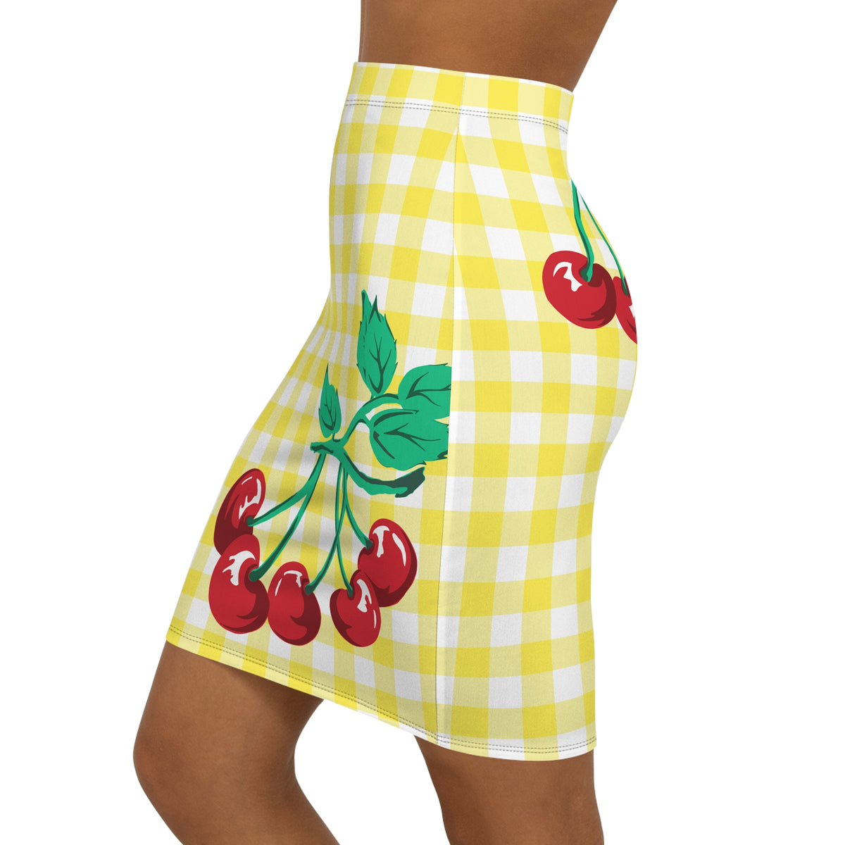 Women's 1990s Fitted Mini Skirt in Yellow Gingham Vintage Cherries Print