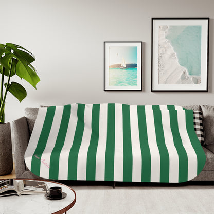Ultra Fuzz Green and White Mark Stripe Print Sherpa Blanket — Reversible Two‑Tone Cozy Throw | Pinup Couture
