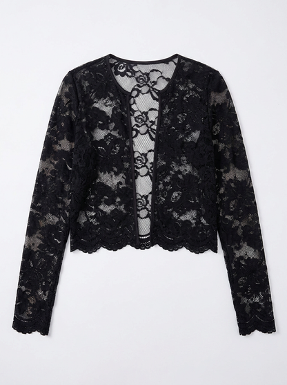 Black sheer floral lace open front long sleeve jacket, flat lay on a soft grey background showing the scalloped hem and cuffs