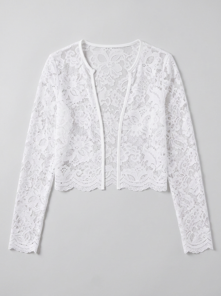 White sheer floral lace open front long sleeve jacket, flat lay on a soft grey background showing the scalloped hem and cuffs