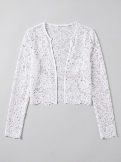 White sheer floral lace open front long sleeve jacket, flat lay on a soft grey background showing the scalloped hem and cuffs