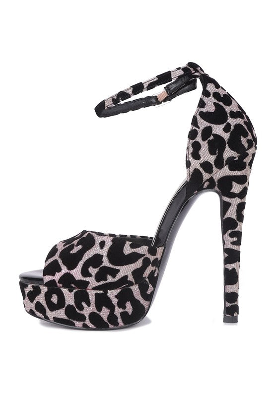 Brigette Leopard Print Peep toe Stiletto Platform Sandal with Ankle Strap | Rag Company