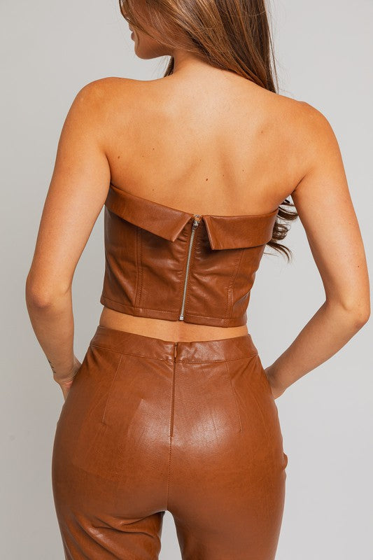 70s Corset Style Fitted Tube Top in Tan Faux Leather | Le Lis