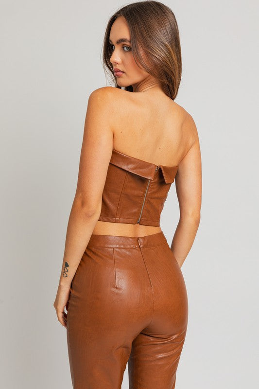 70s Corset Style Fitted Tube Top in Tan Faux Leather | Le Lis