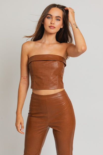 70s Corset Style Fitted Tube Top in Tan Faux Leather | Le Lis