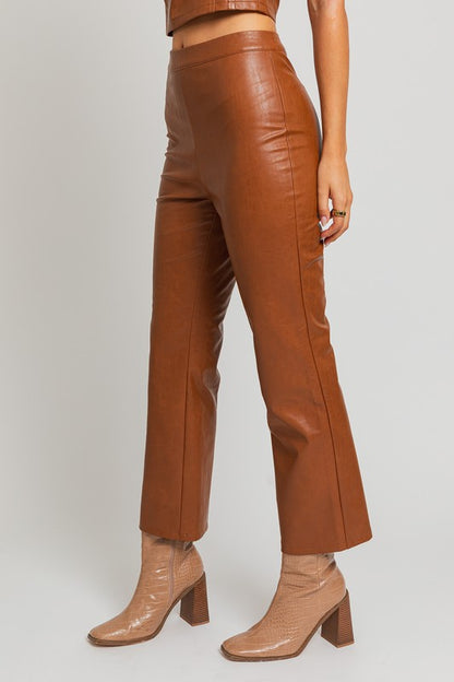 Chloe 70s Fitted Straight Pants in Tan Faux Leather | Le Lis