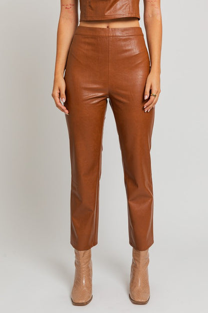 Chloe 70s Fitted Straight Pants in Tan Faux Leather | Le Lis