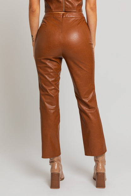 Chloe 70s Fitted Straight Pants in Tan Faux Leather | Le Lis