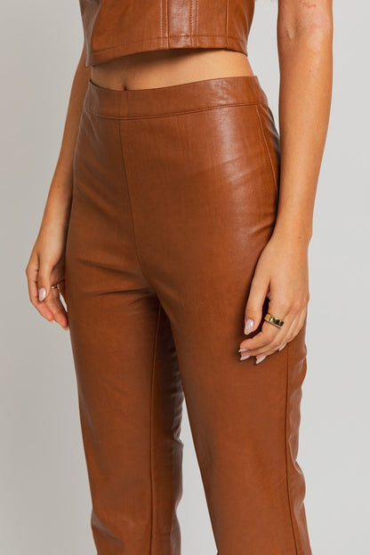 Chloe 70s Fitted Straight Pants in Tan Faux Leather | Le Lis