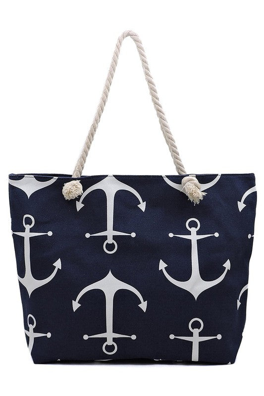 Vintage Nautical Anchor Print Tapestry Canvas Rope Strap Beach Tote