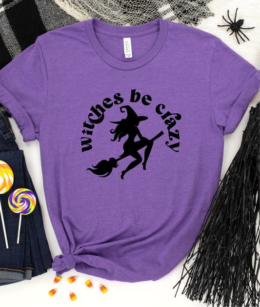 Witches Be Crazy Halloween Crewneck Tee Shirt in Solid Purple