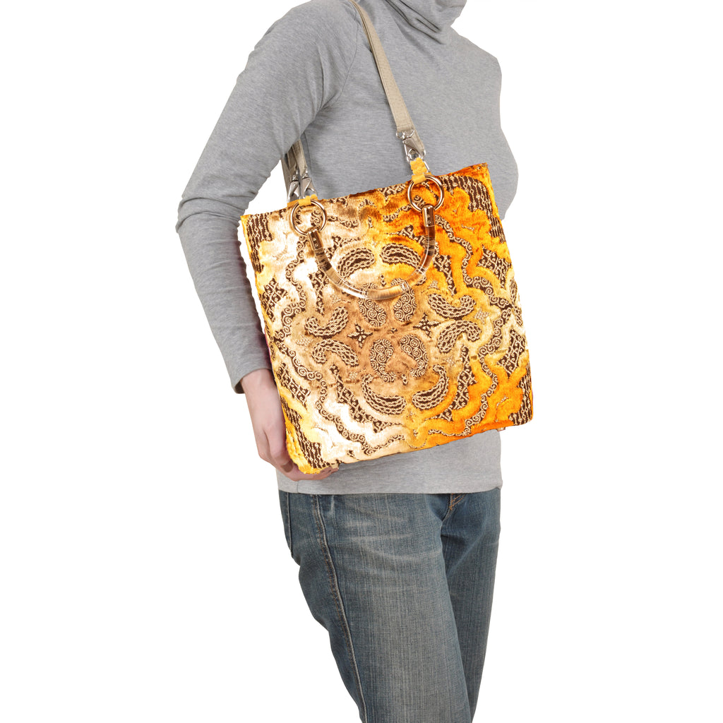 Baroque gold velvet small tote, another view, by Pinup Girl Clothing