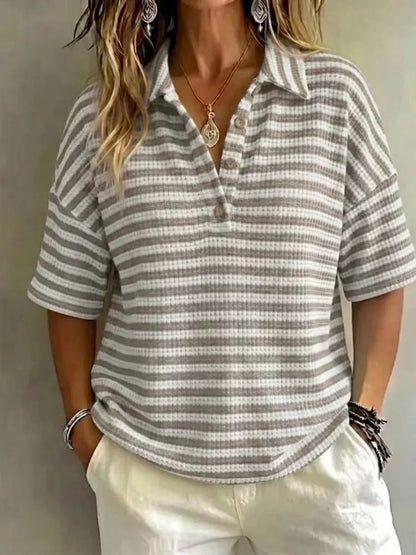 Marion Striped Knit Polo in Light Gray by Pinup Girl Clothing