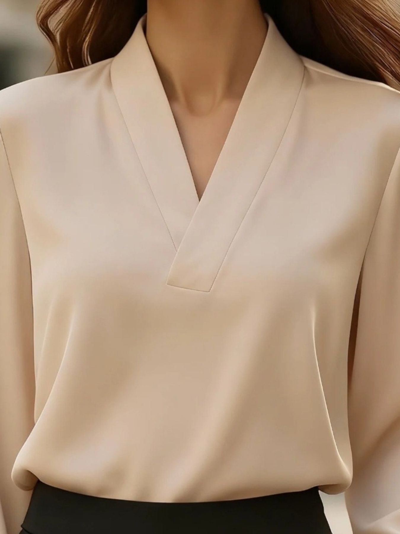 V-neck satin blouse with long sleeves and vintage polish, by Pinup Girl Clothing, XS to 4X.