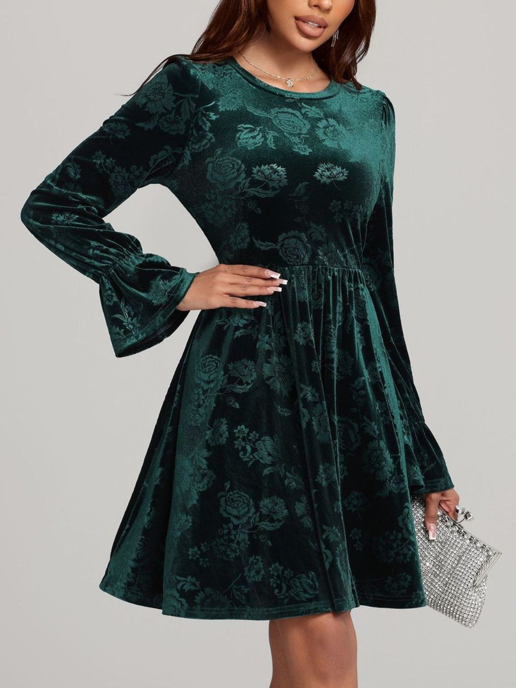 Angela Tied Flower Print Round Neck Flounce Sleeve Dress