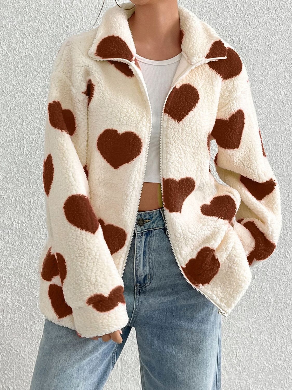 Aria Heart Zip Up Drop Shoulder Furry Jacket | 3 Colors