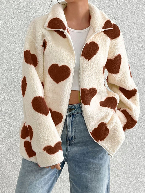Aria Heart Zip Up Drop Shoulder Furry Jacket | 3 Colors