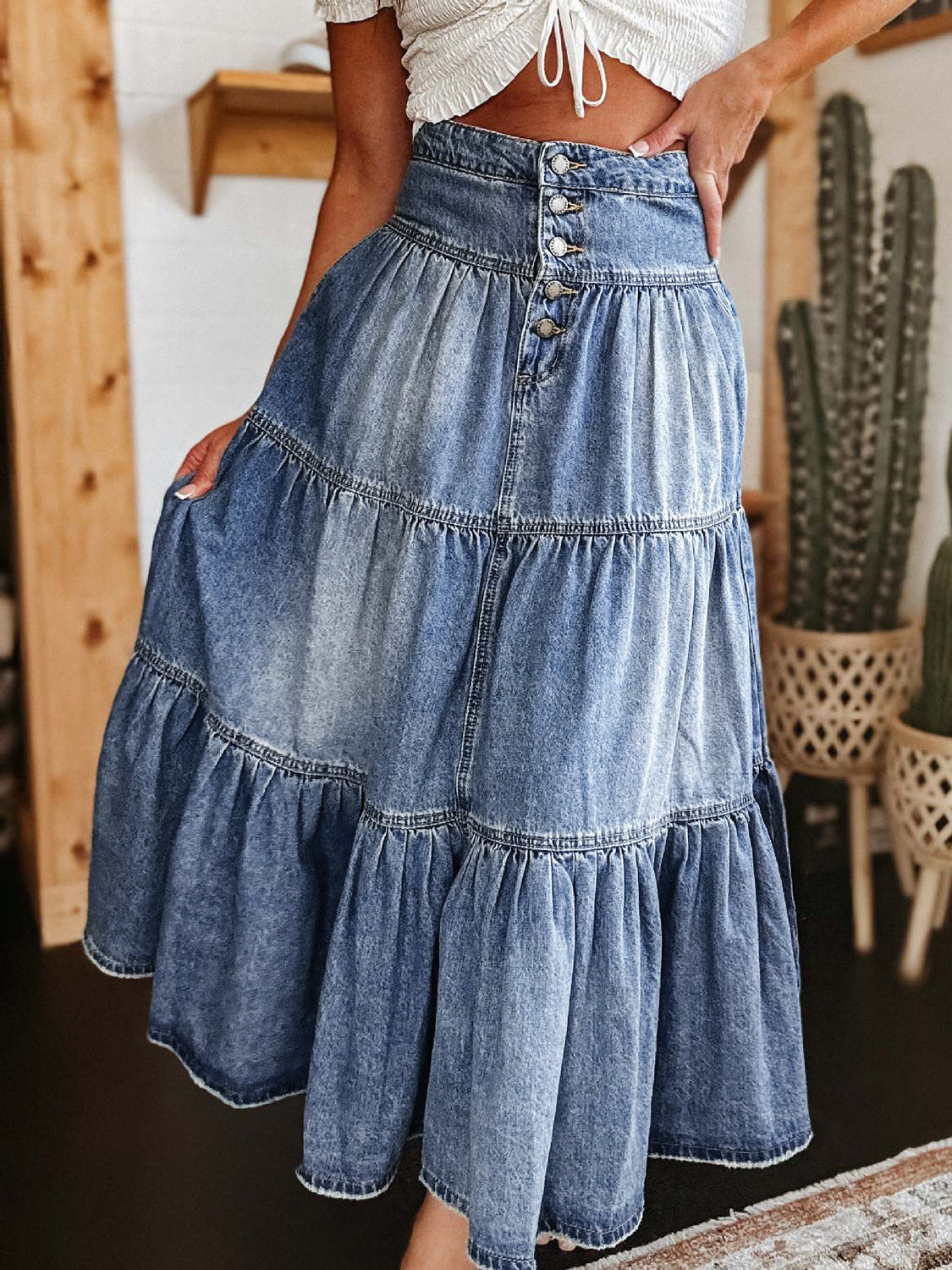 Not My First Rodeo Tiered Button-Fly Denim Skirt | Poundton