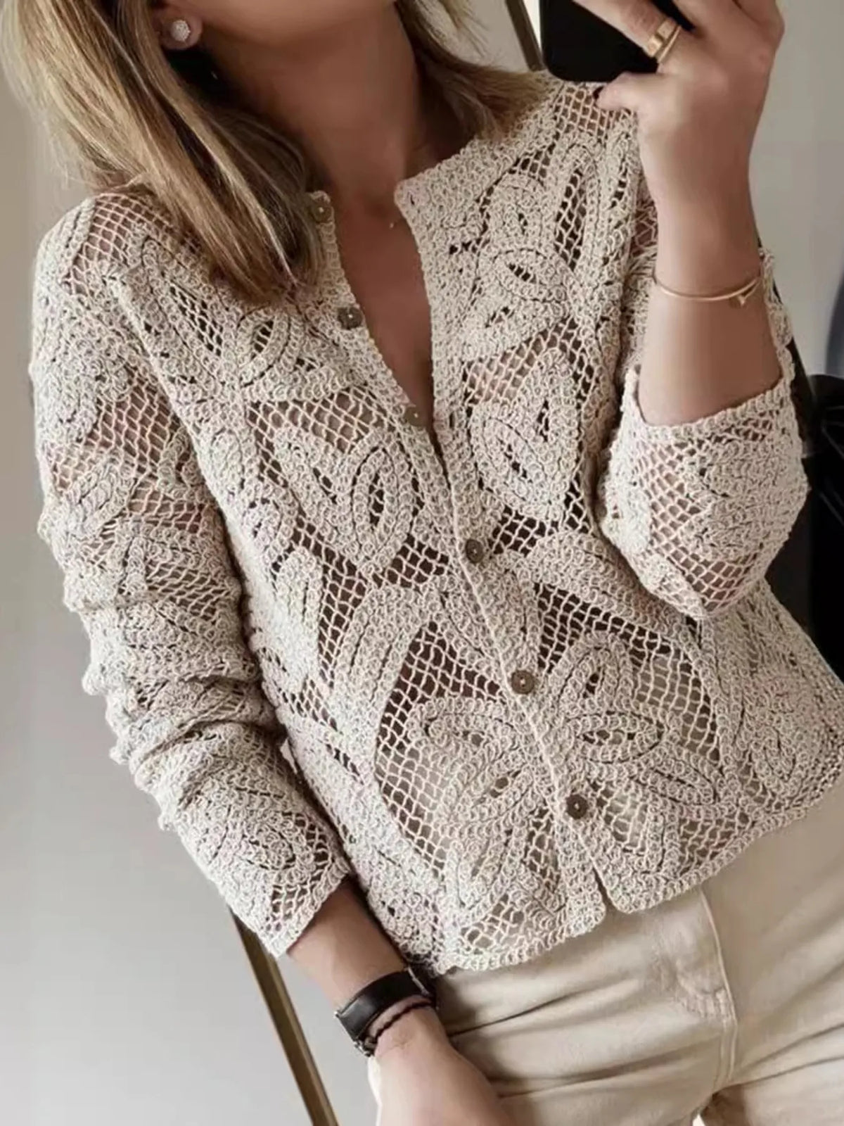 Kiara crochet button-up shirt in apricot by Pinup Girl Clothing