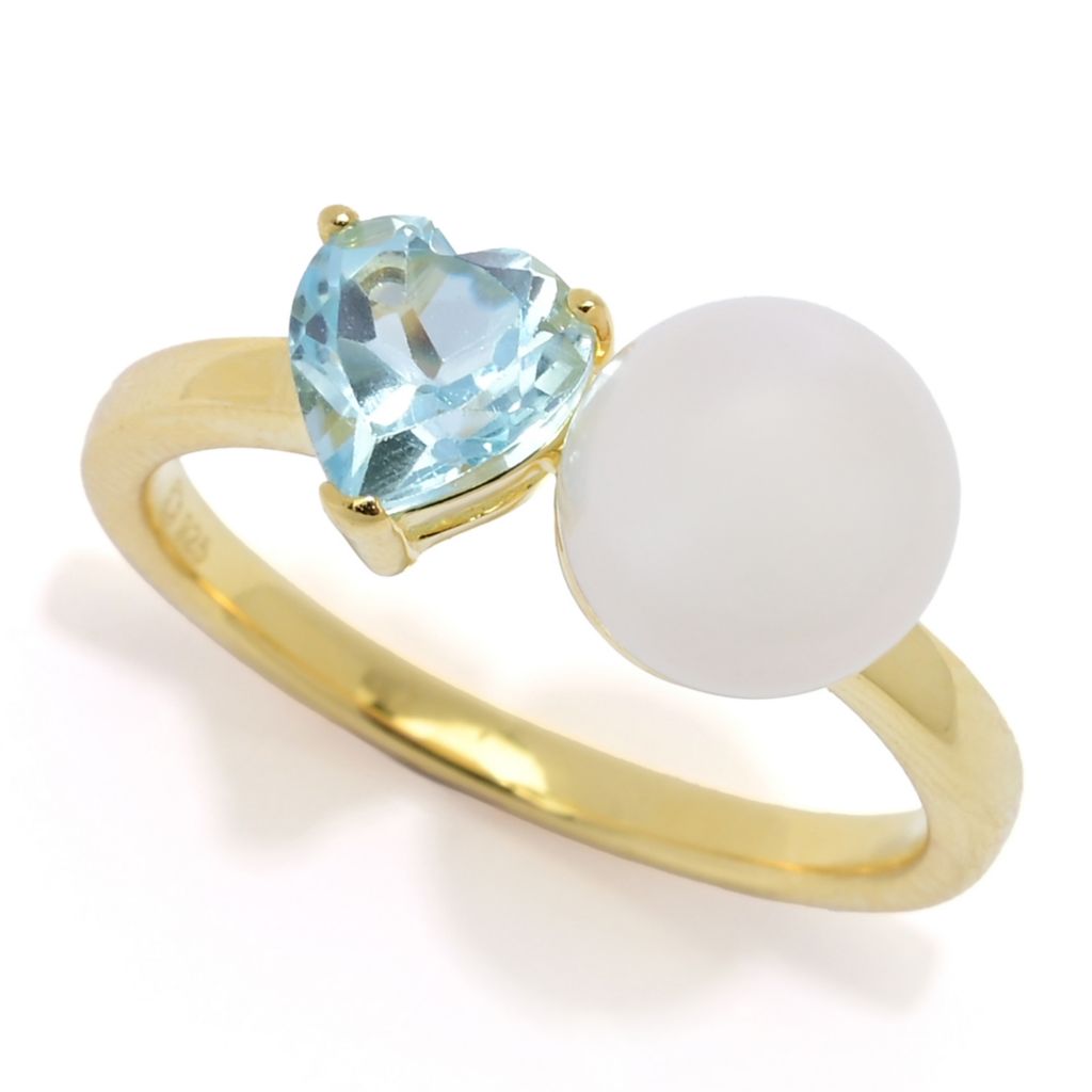 18K Gold Plated "Hollywood" Cultured Pearl & Heart Shape Gem "Toi et Moi" Ring