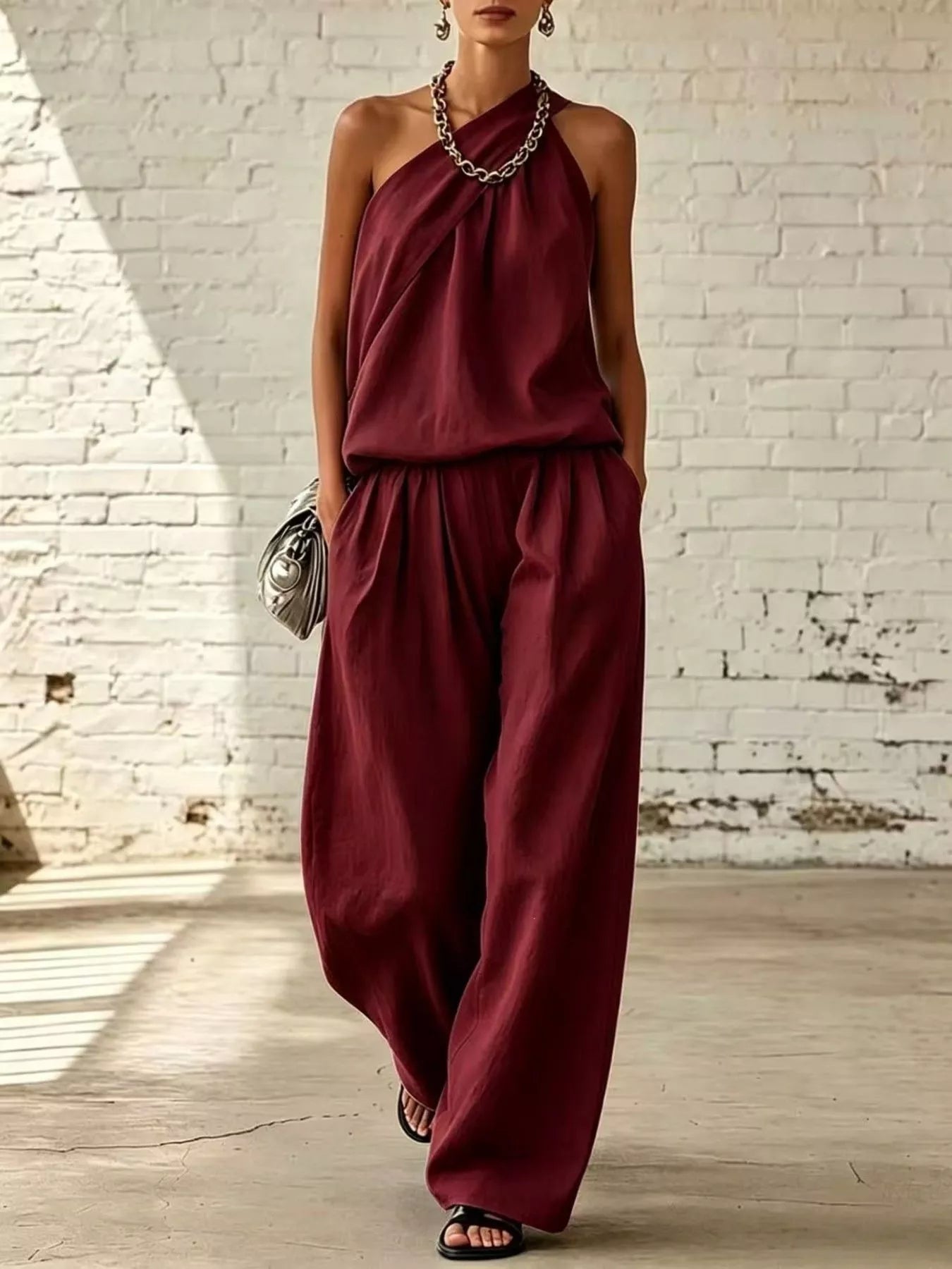 Vivienne Sleeveless Top and Wide-Leg Pants Set in Burgundy by Pinup Girl Clothing
