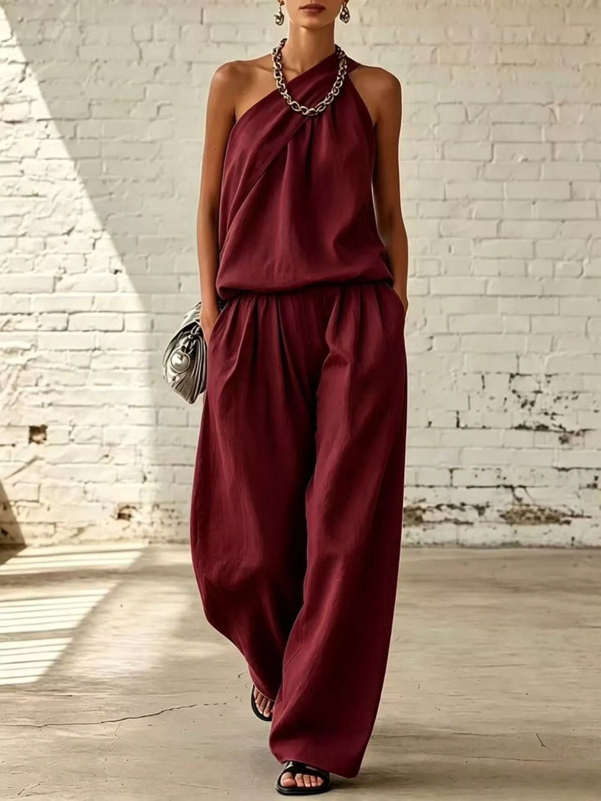 Vivienne Sleeveless Top and Wide-Leg Pants Set in Burgundy by Pinup Girl Clothing