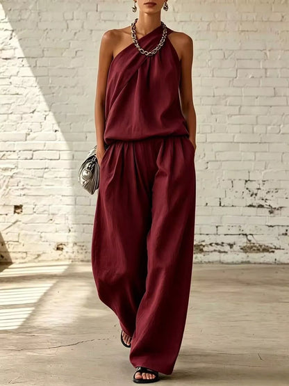 Vivienne Sleeveless Top and Wide-Leg Pants Set in Burgundy by Pinup Girl Clothing