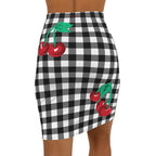 Women's 1990s Fitted Mini Skirt in Black Gingham Vintage Cherries Print