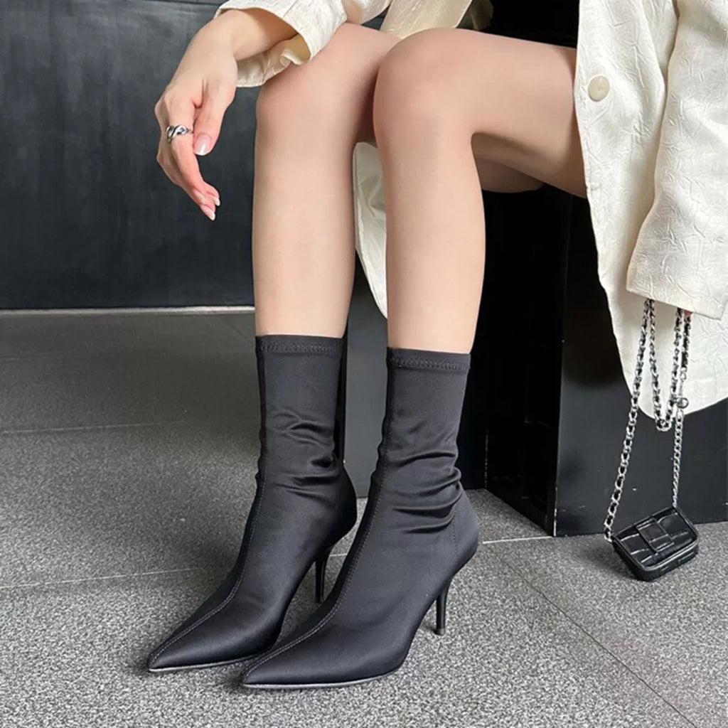 Siren pointed toe stretch sock boots in black