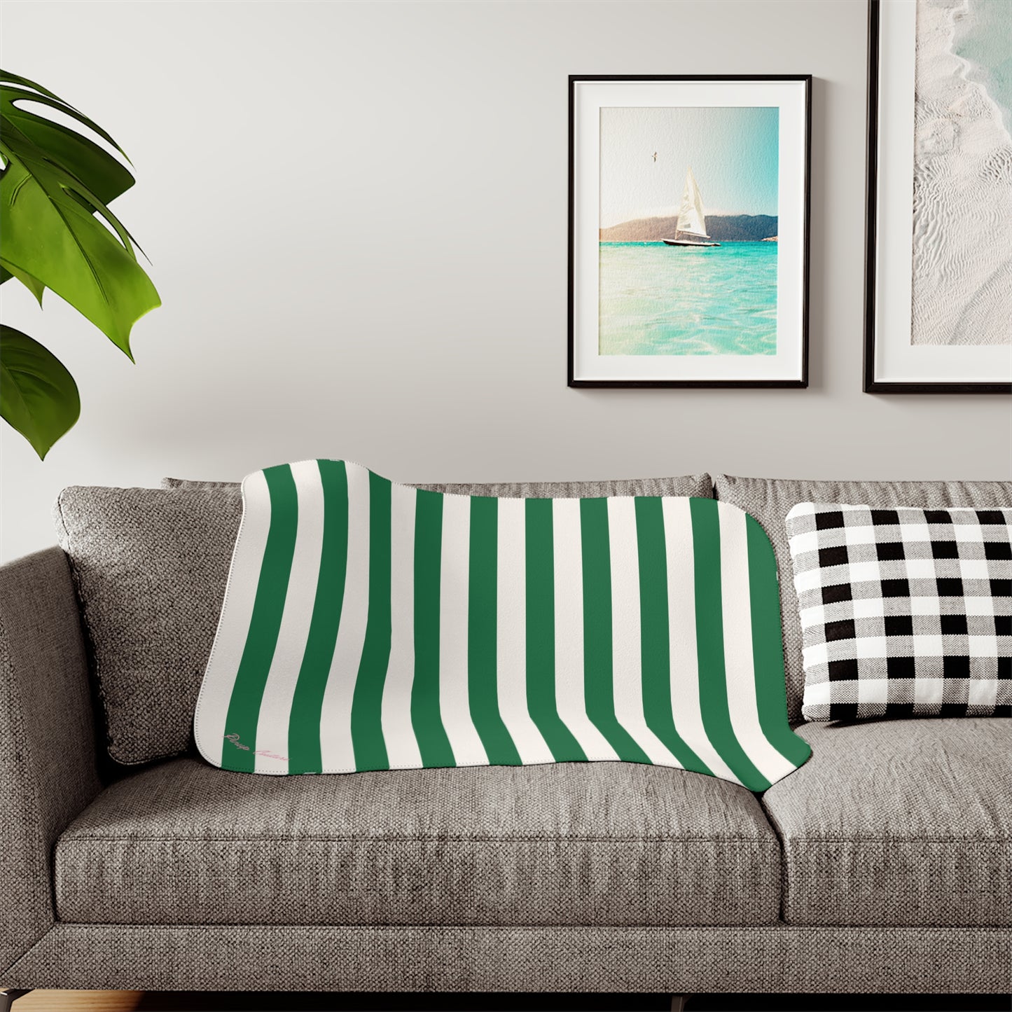 Ultra Fuzz Green and White Mark Stripe Print Sherpa Blanket — Reversible Two‑Tone Cozy Throw | Pinup Couture