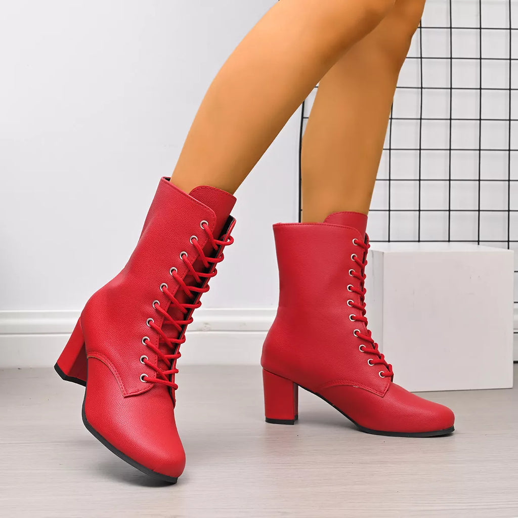 Victoria lace-up block heel granny boots in red, side view