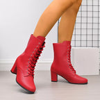 Victoria lace-up block heel granny boots in red, side view