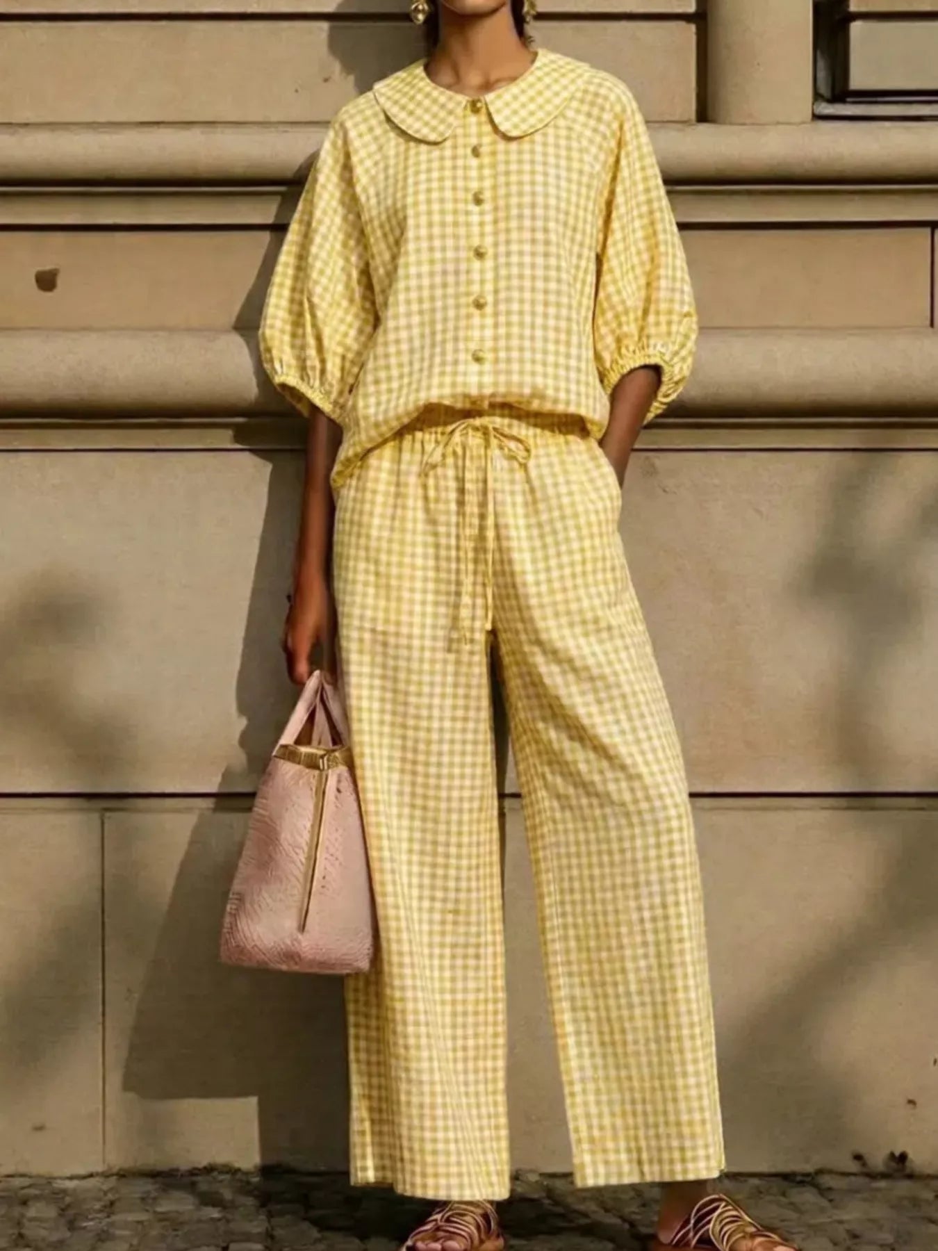 Bettina gingham blouse and wide-leg pants set in yellow gingham, by Pinup Girl Clothing