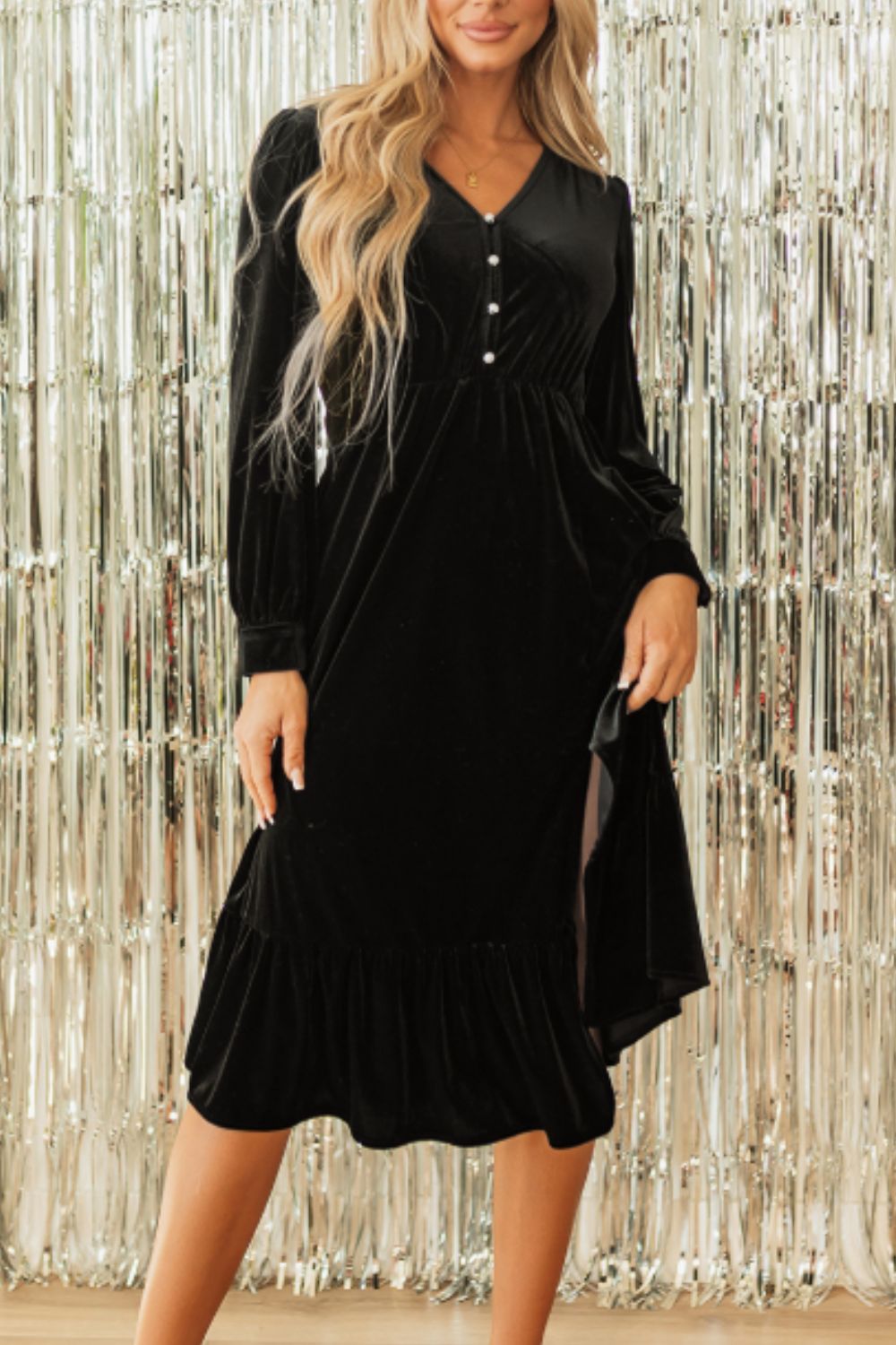 Ruffle Hem Slit V-Neck Long Sleeve Dress | 2 colors | Poundton