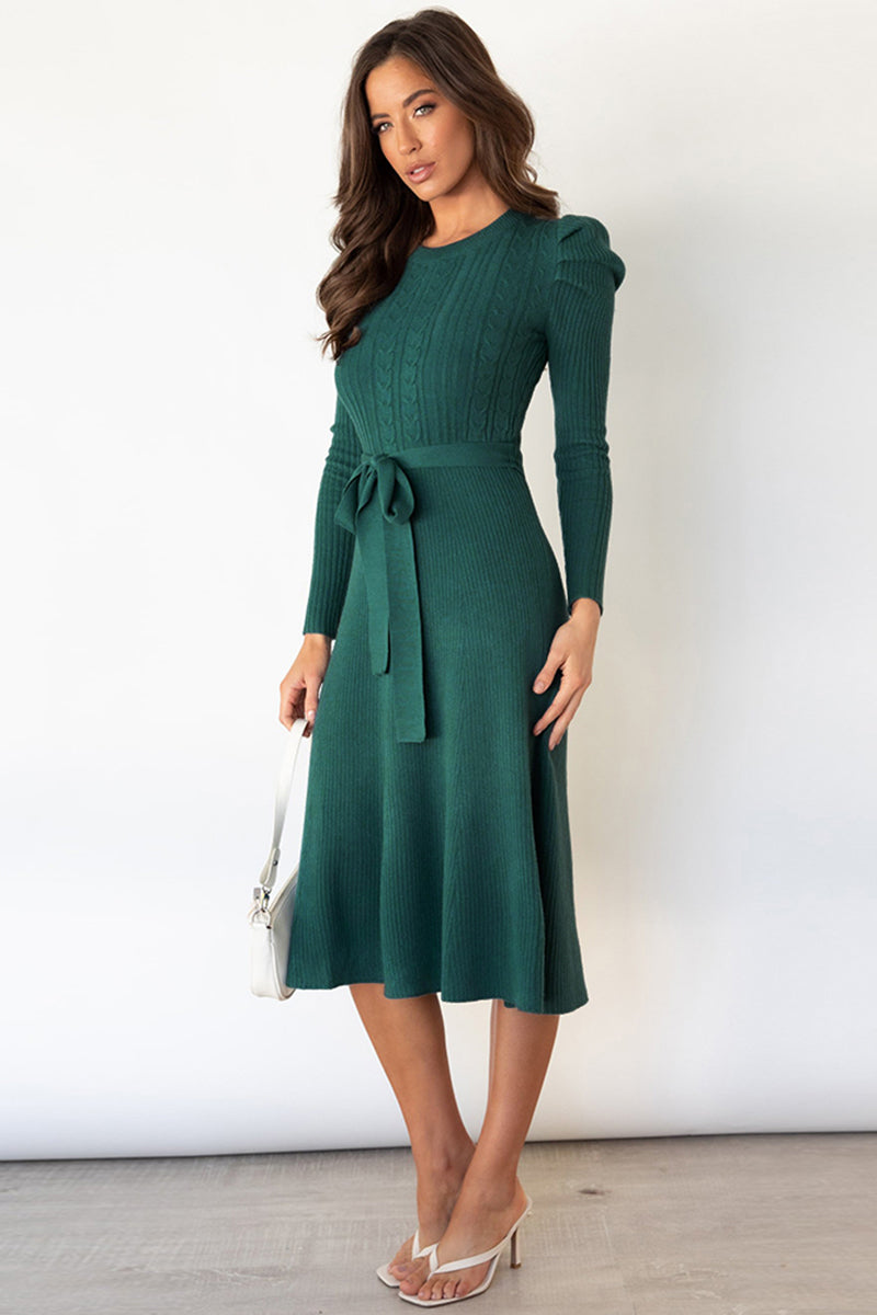 Daniela Round Neck Long Sleeve Tie Waist Sweater Dress | 5 Colors