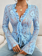 Gift Wrap V-Neck Long Sleeve Lace Cardigan Top | 5 Colors | Poundton