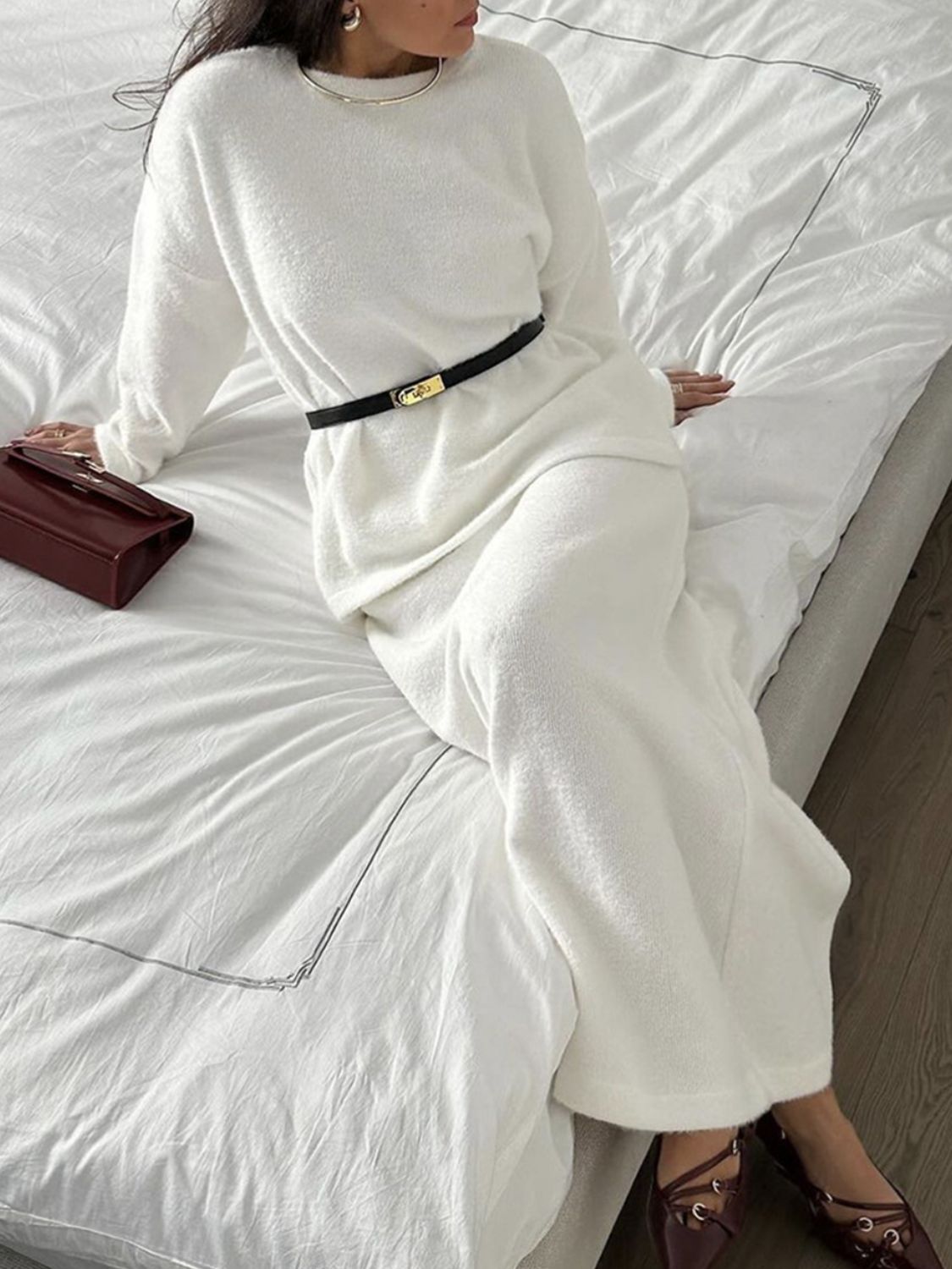 Mia Round Neck Dropped Shoulder Top and Midi Skirt Knit Set | 5 Colors