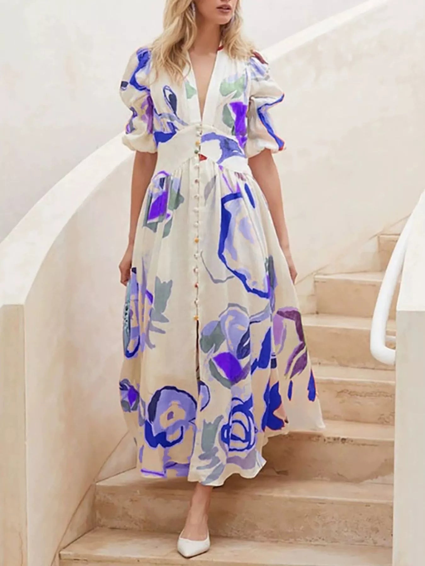 Genevieve painted print puff sleeve maxi dress in blue by Pinup Girl Clothing