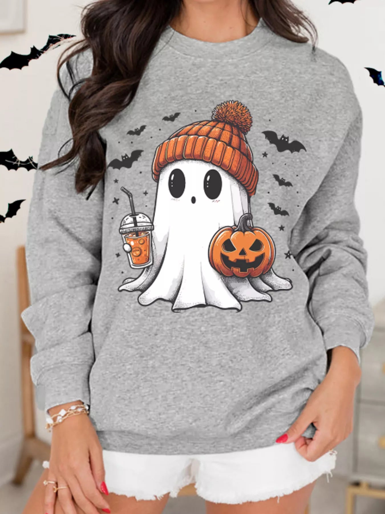 Side view of the gray Boo Crew crewneck sweatshirt showing the long sleeves