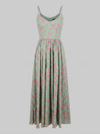 Amalie maxi dress in Rose Silhouette Mint, pink roses on a soft mint floral print with a fitted bodice and flowing skirt