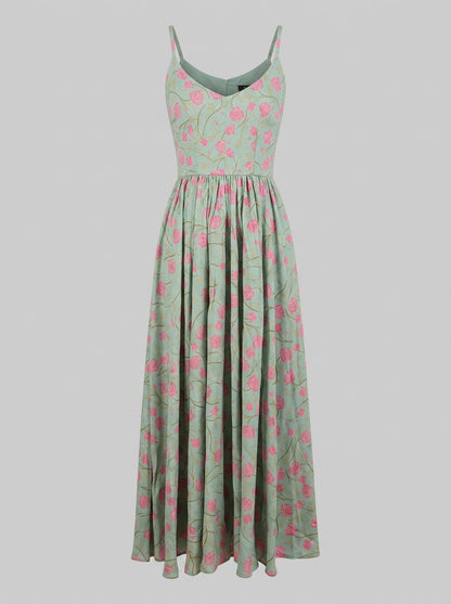Amalie maxi dress in Rose Silhouette Mint, pink roses on a soft mint floral print with a fitted bodice and flowing skirt