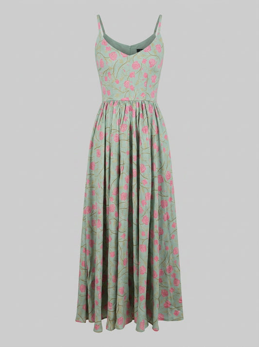 Amalie maxi dress in Rose Silhouette Mint, pink roses on a soft mint floral print with a fitted bodice and flowing skirt