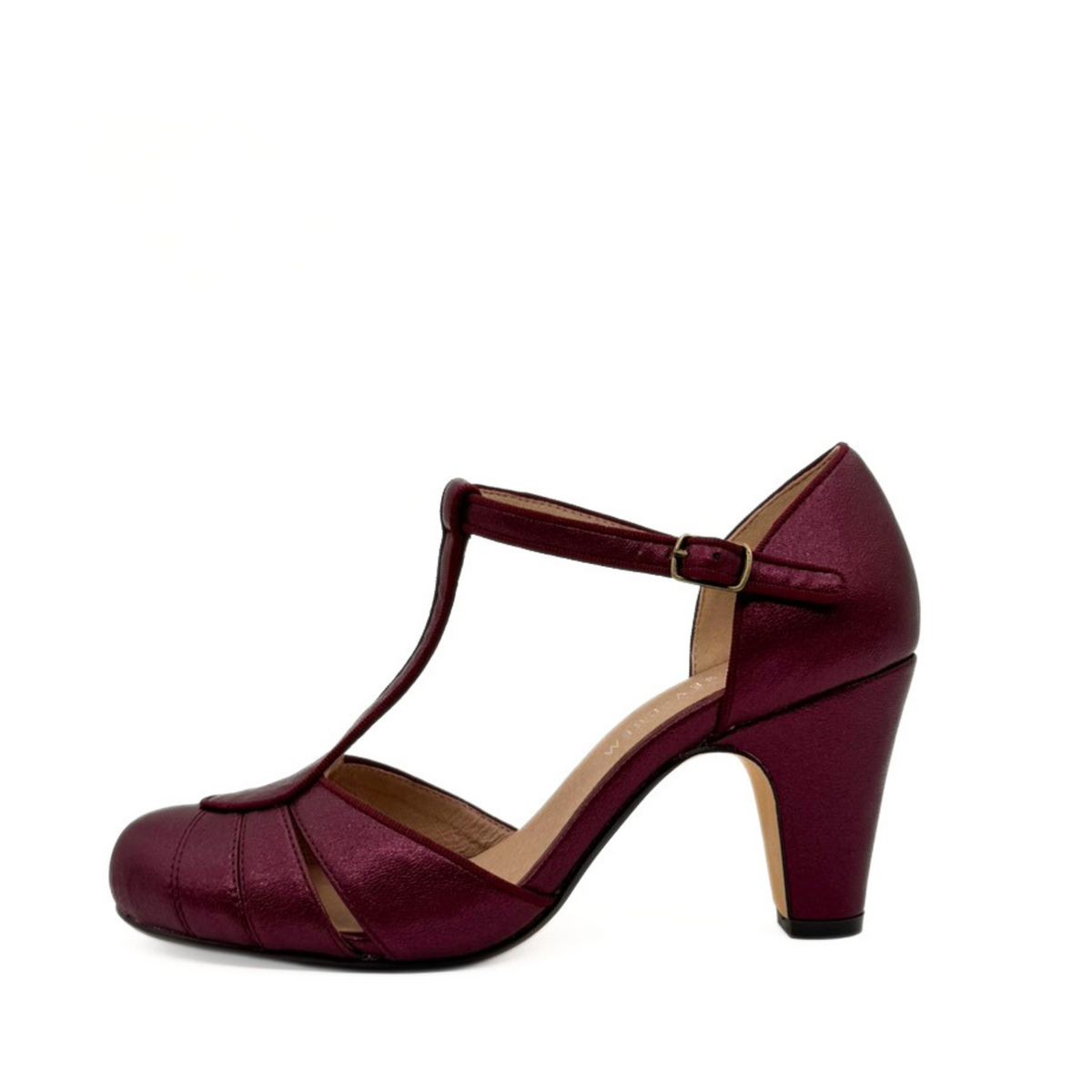 Mulberry Metallic T-Strap Heels in burgundy by Pinup Girl Clothing