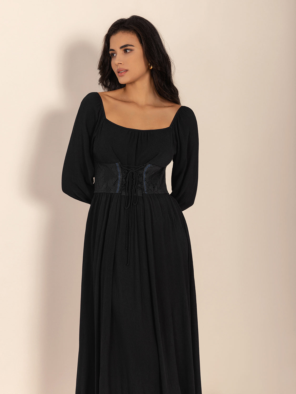 Lace-Up Square Neck Long Sleeve Midi Dress | Poundton pinupgirlclothing.com Lace-Up Square Neck Long Sleeve Midi Dress | Poundton pinupgirlclothing.com
