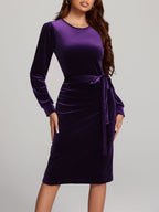 Round Neck Tie Waist Long Sleeve Velvet Dress | 4 Colors | Poundton