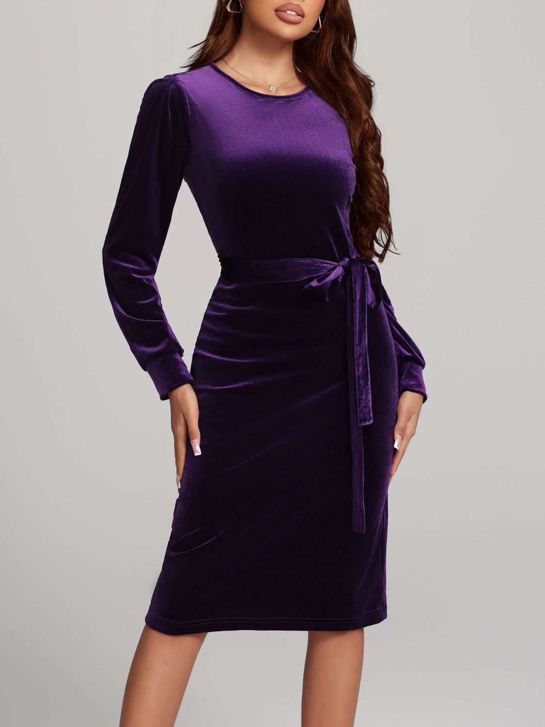 Round Neck Tie Waist Long Sleeve Velvet Dress | 4 Colors | Poundton